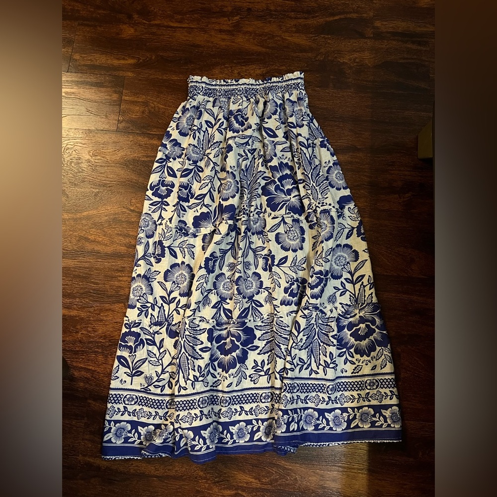 Blue and white floral maxi skirt